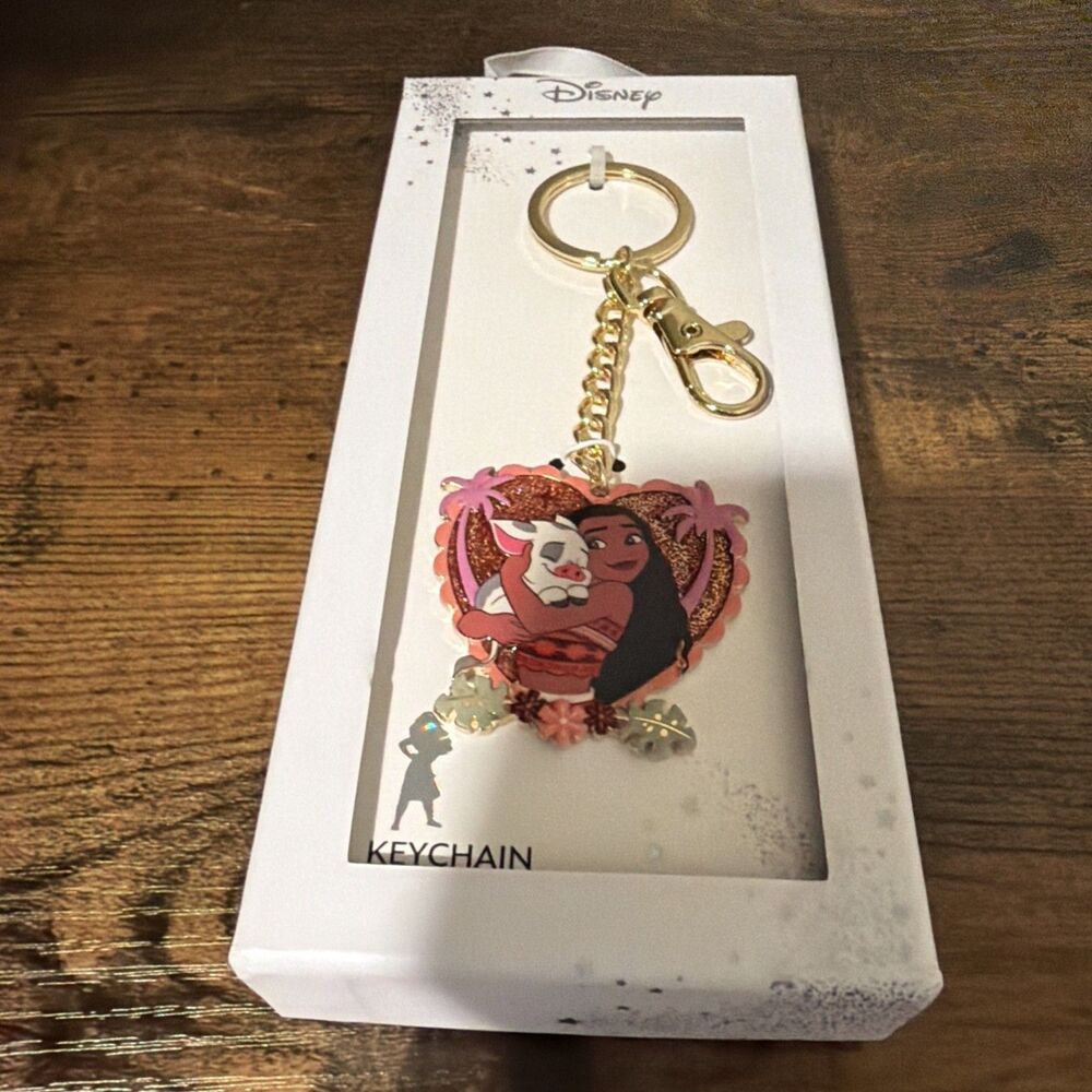 Disney Moana Pua Pig Heart Shaped Pink Sparkles Bag Charm Keychain New in Box